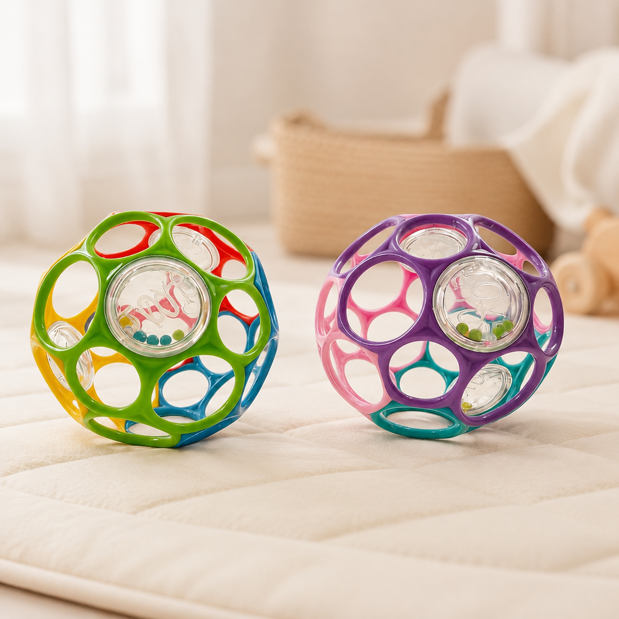 Two colorful baby balls on a soft surface with a blurred background